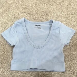 Garage Light Blue Ribbed V-Neck Crop Top